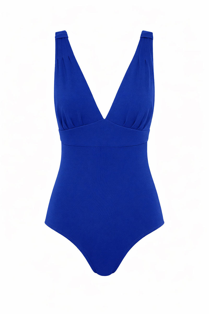 Fearless au All Day One Piece in Royal Blue - one-piece swimsuit with supportive underwire bust, adjustable straps, tummy compression, long torso fit, shown on a white background