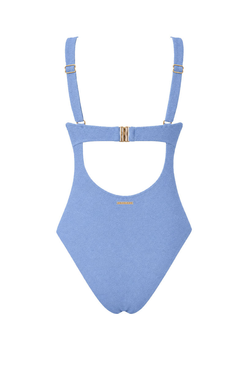 A light blue one-piece swimsuit with adjustable shoulder straps, a cutout at the bust, and a small gold-tone logo on the front, displayed against a solid white background.
