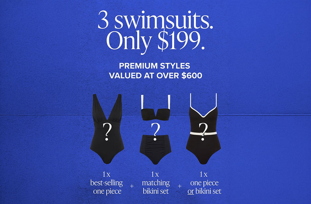 Promotional graphic for three swimsuits valued at $199 on a blue background.