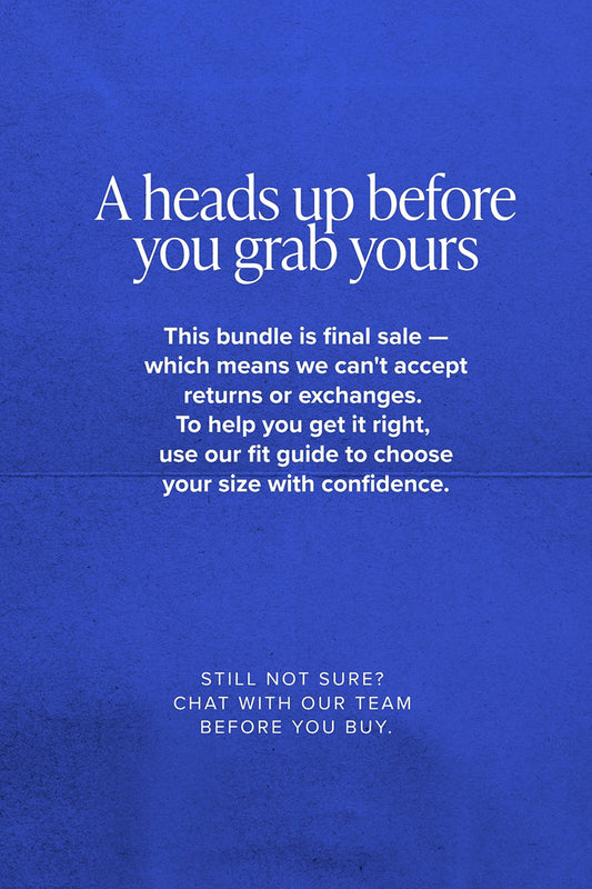 Blue background with white text providing information about a product bundle sale and fit guide.