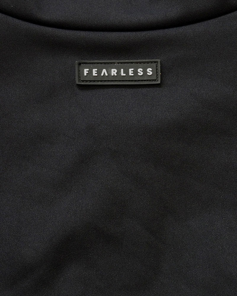 Fearless premium luxe smooth fabric in black. Fearless logo. Fearless swimwear is designed to withstand ocean swims, pool laps and long summer days - not stretch out after a handful of wears.