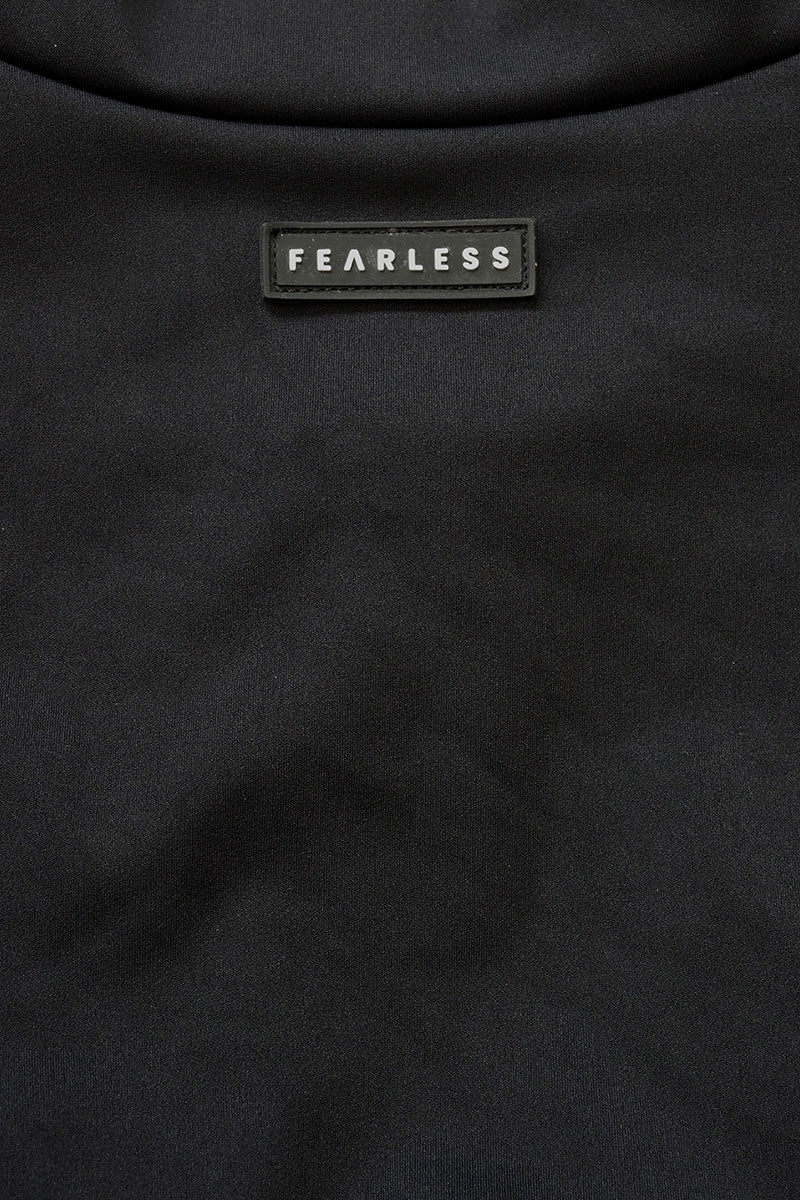 Fearless premium luxe smooth fabric in black. Fearless logo. Fearless swimwear is designed to withstand ocean swims, pool laps and long summer days - not stretch out after a handful of wears.