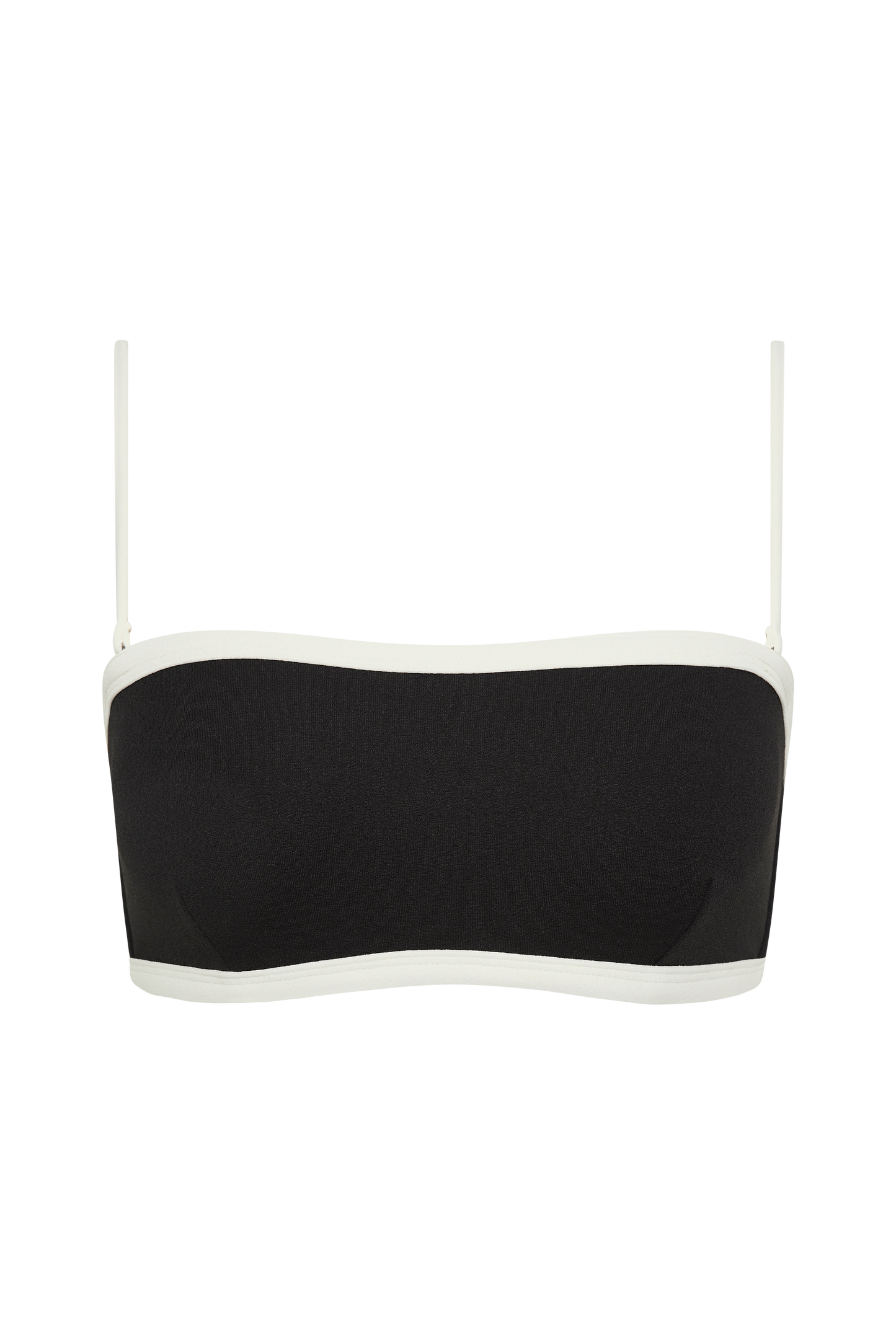 The Fearless au Nova Bikini Top is a black convertible bandeau with thin white adjustable straps and white trim, designed for A–D cup sizes. Shown against a plain white background, it’s ideal swimwear for style and support.