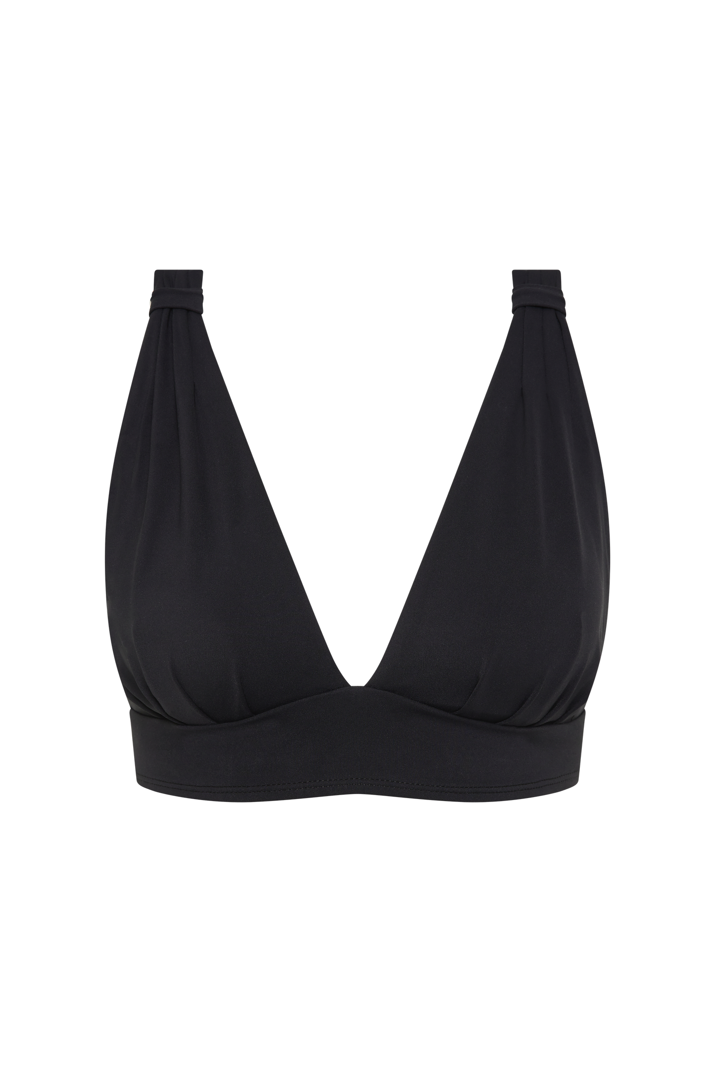Fearless au All Day Bikini Top in Matte Black - bikini top with wireless deep V-neck, wide crossover straps, supportive underband, ideal for larger busts, shown on a white background