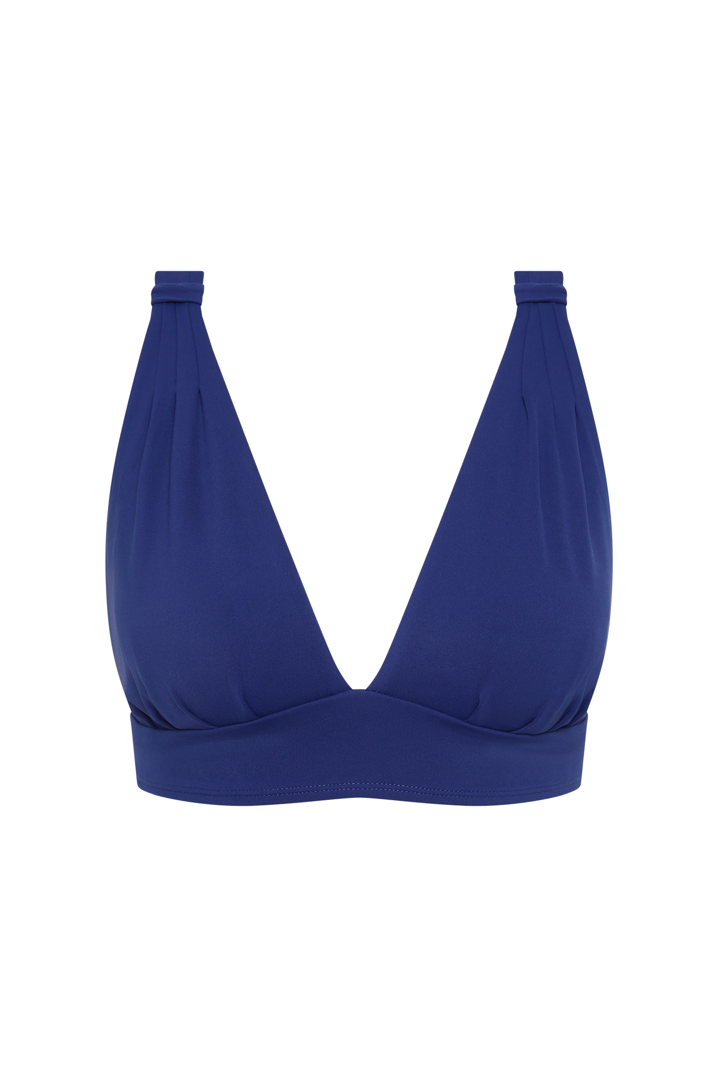The All Day Bikini Top-Royal Blue by Fearless au is a deep blue wireless top with a plunging V-neckline, wide underband, adjustable straps, and gathered cup details, shown on a plain white background.