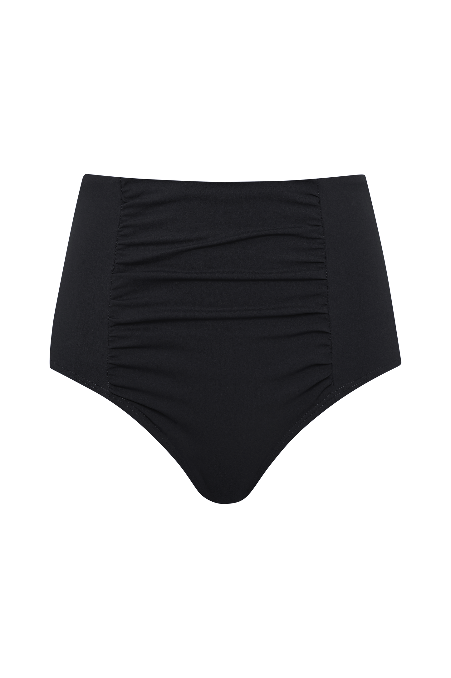 Fearless au’s All Day Bikini Bottom-Matte Black features high-waisted, ruched front detailing for flattering tummy control, shown against a plain white background.
