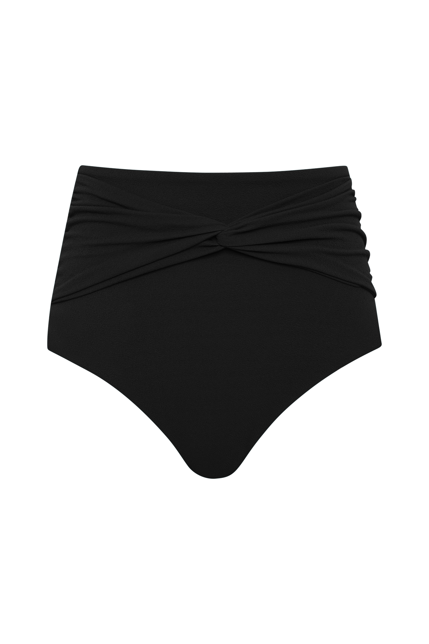 The Fearless au Icon Bikini Bottom is a high-waisted black style made from recycled crinkle fabric, with a draped crisscross front and ruched sides, shown on a plain white background.