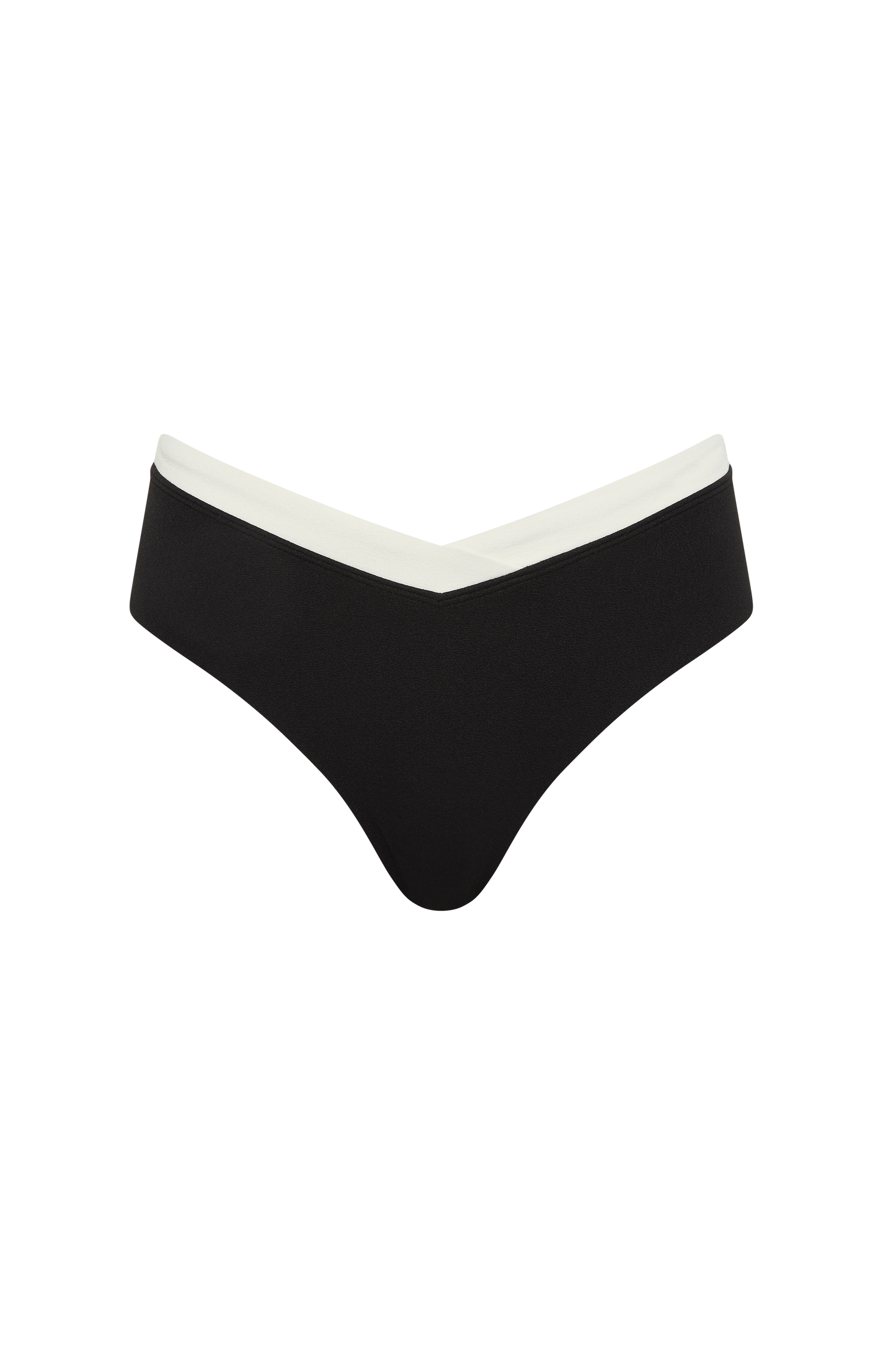 The Nova Bikini Bottom by Fearless au features a black V-cut design with a white waistband, made from recycled swimwear fabric. Shown on a plain white background.