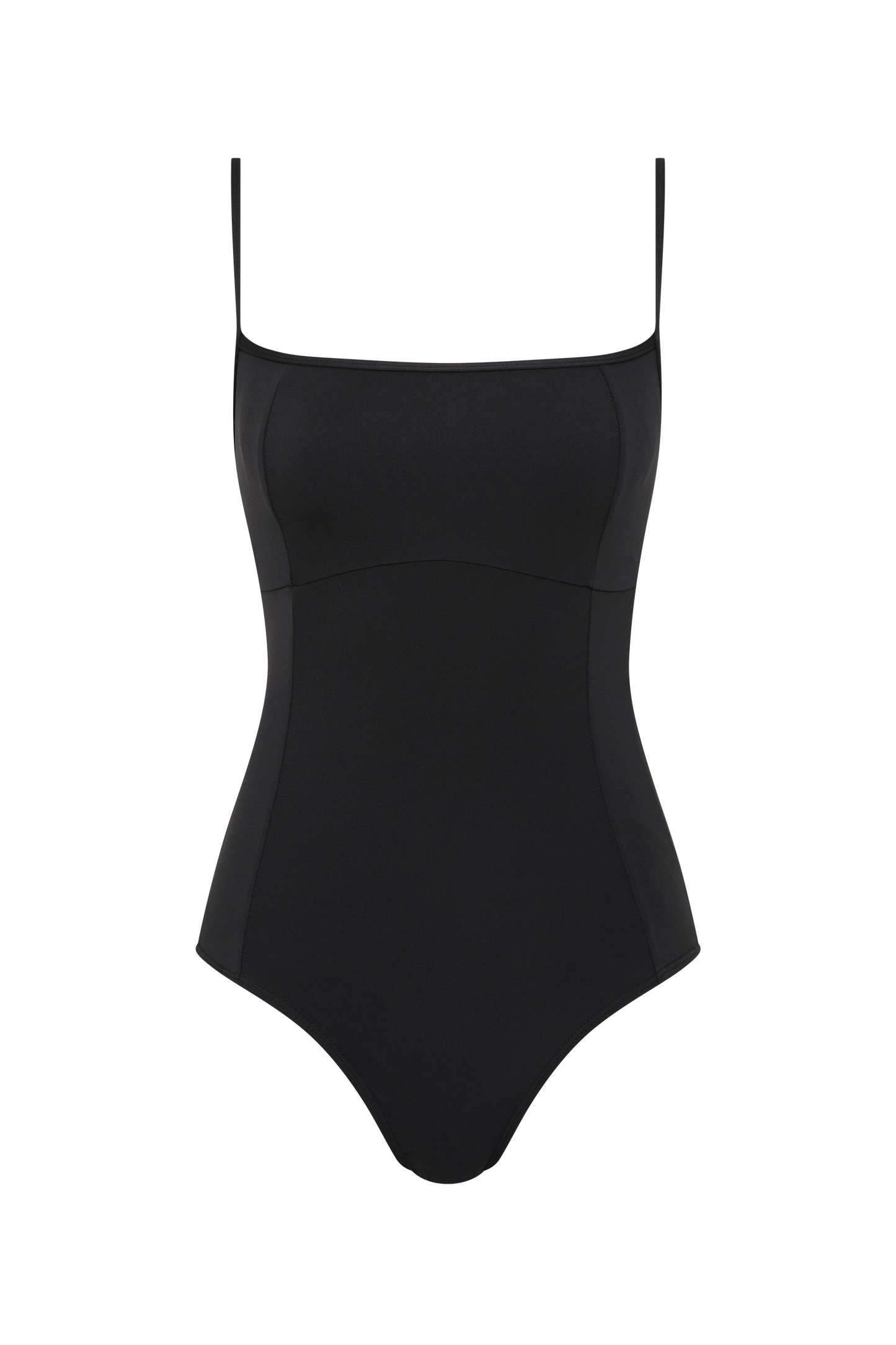 The Fearless au Freedom One Piece - Matte Black / Long is a black bodysuit with thin spaghetti straps, a straight neckline, and a fitted design, crafted from recycled fabric for an eco-friendly touch. Displayed on a plain white background.