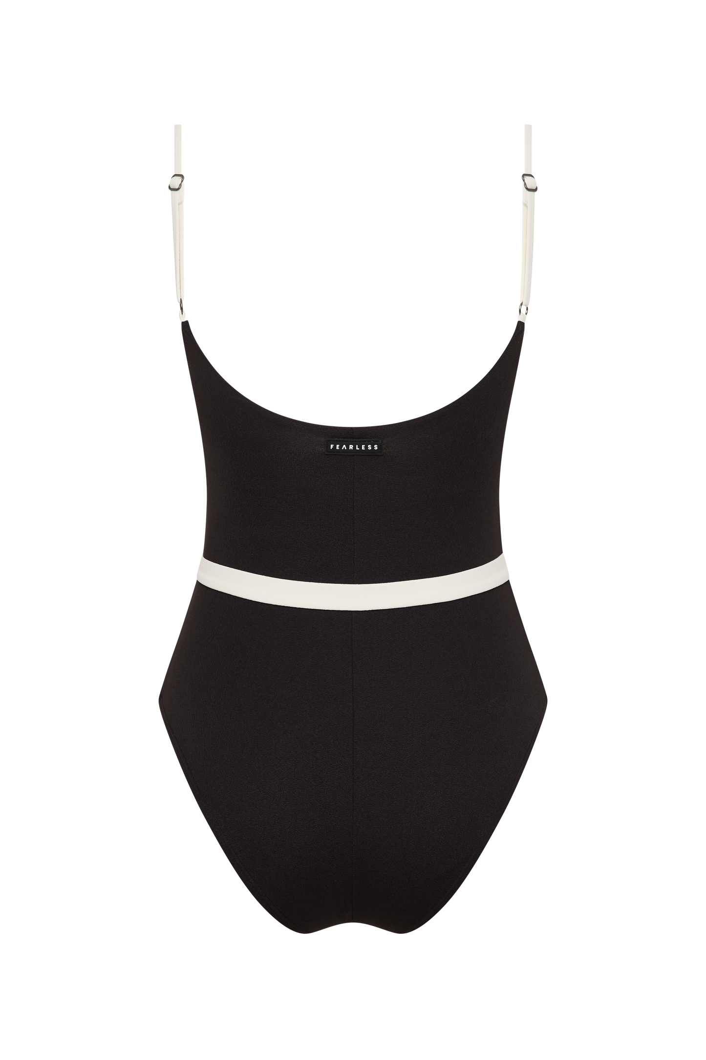 The Fearless au Grace High Rise - Matte Black / Standard is a black one-piece swimsuit with white adjustable straps, a white waist band, and a flattering high-cut leg, shown against a plain white background.