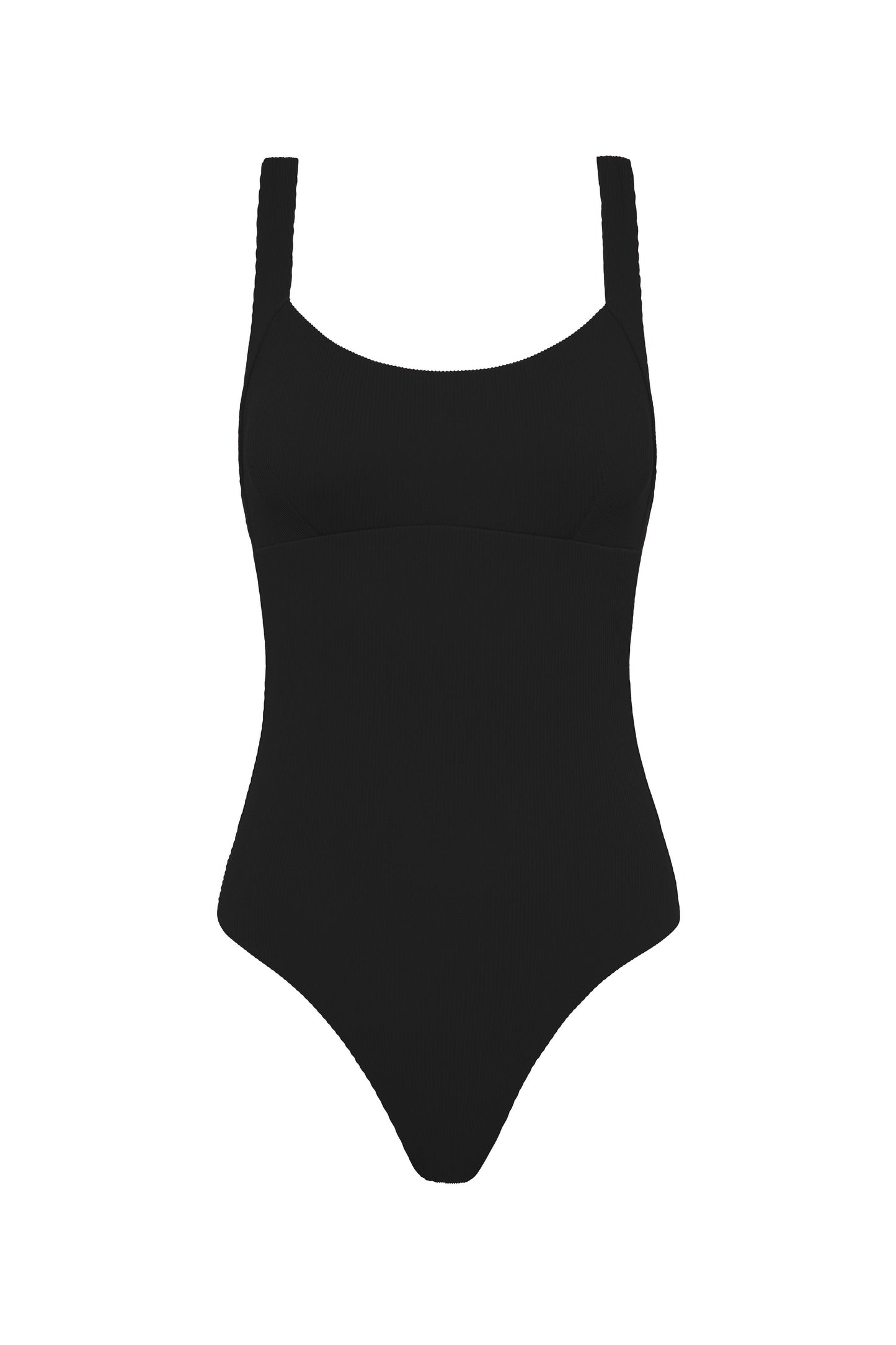 The Adventure Suit by Fearless au is a black one-piece swimsuit made from recycled ribbed fabric, featuring wide shoulder straps and a scooped neckline, shown on a white background.