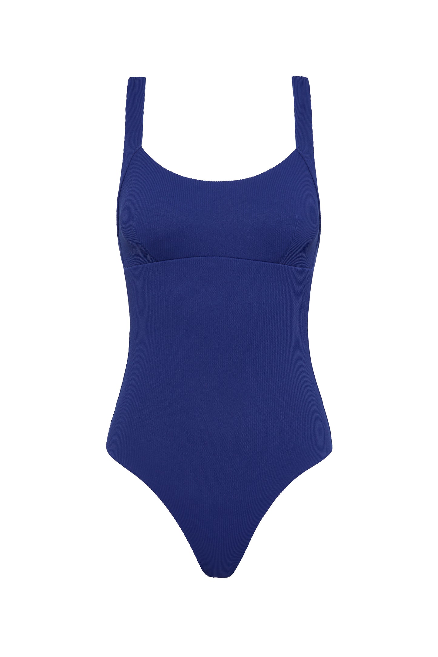 The Adventure Suit - Royal Blue by Fearless au is a solid dark blue one-piece with wide shoulder straps and a high-cut leg, made from recycled ribbed fabric. Displayed on a white background.