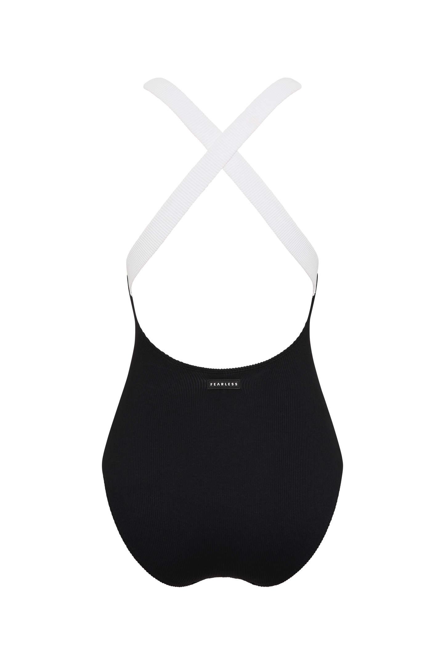 The Fearless au Adventure Suit Long Torso is a black sports bra with thick white elastic cross-back straps and a built-in shelf bra. A small logo label appears at the center back, shown against a plain white background.