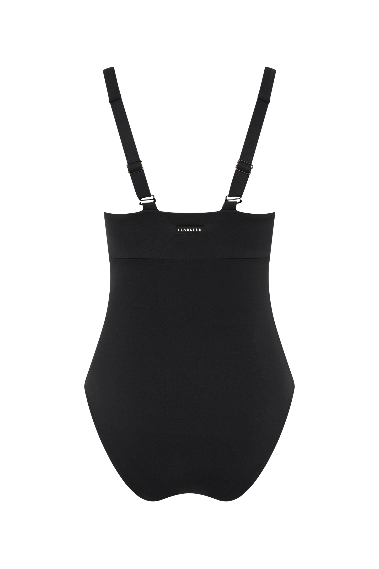 The Magic Suit - Matte Black / Standard by Fearless au is a black shapewear bodysuit with adjustable straps, seamless design, and eco-friendly recycled fabric. “FEARLESS” is printed on the front chest, shown on a white background.