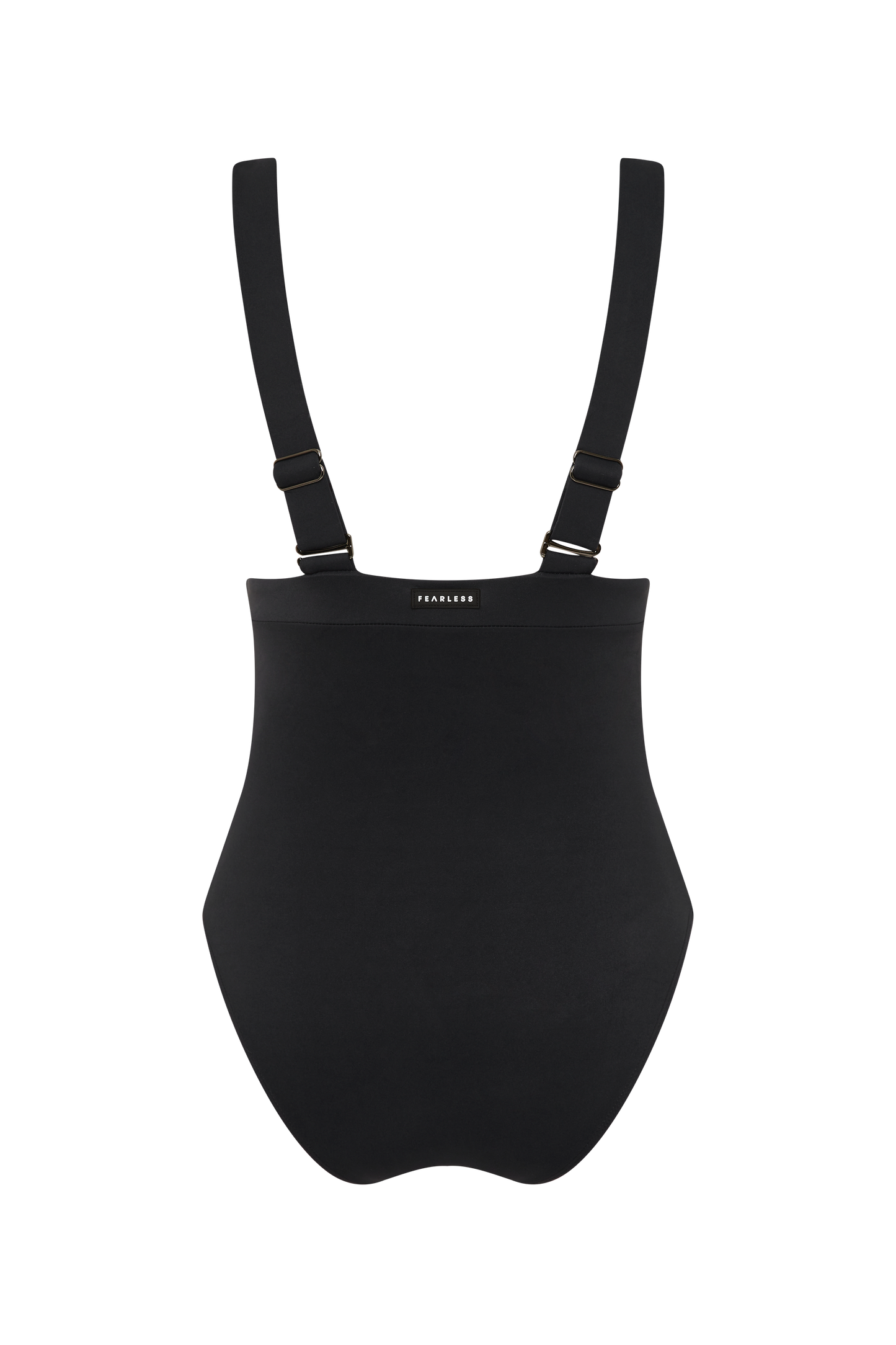 The Fearless au All Day One Piece - Matte Black/Long is a high-waisted shapewear garment with tummy control and adjustable straps, featuring a seamless black design and "FEARLESS" printed on the top front, shown on a plain white background.