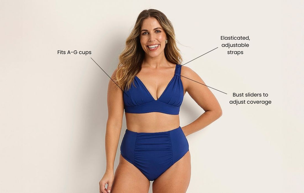 Smiling woman wearing a blue bikini with high-waisted bottoms. Text points to features: Fits A-G cups, Elasticated, adjustable straps, and Bust sliders to adjust coverage.