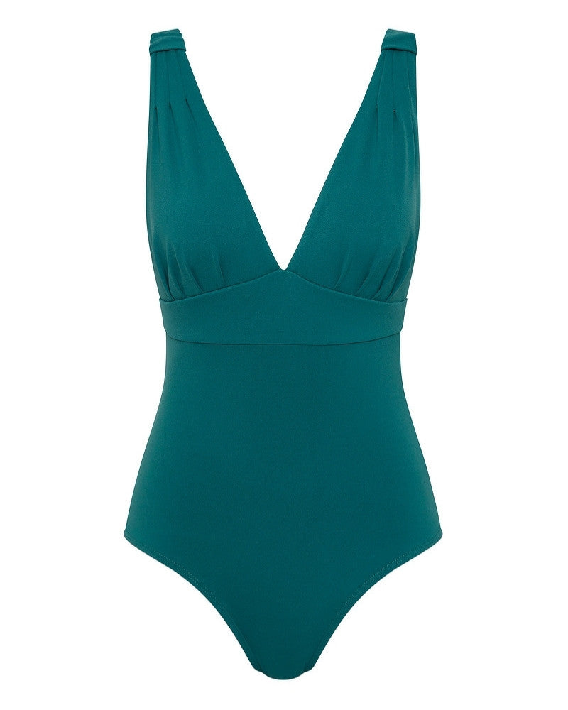 Teal one-piece swimsuit with a deep V-neckline, wide shoulder straps, and subtle pleating details near the shoulders. The design is simple and elegant, with a fitted waist and full coverage bottom.