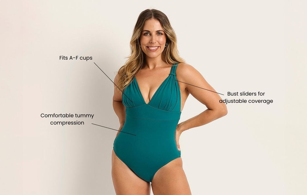 A woman models a teal one-piece swimsuit with features labeled: Fits A–F cups, Comfortable tummy compression, and Bust sliders for adjustable coverage. She smiles and stands with one hand on her hip.