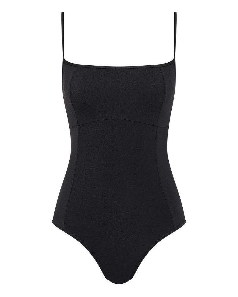 A black one-piece swimsuit with thin shoulder straps and a square neckline, displayed on a plain white background.