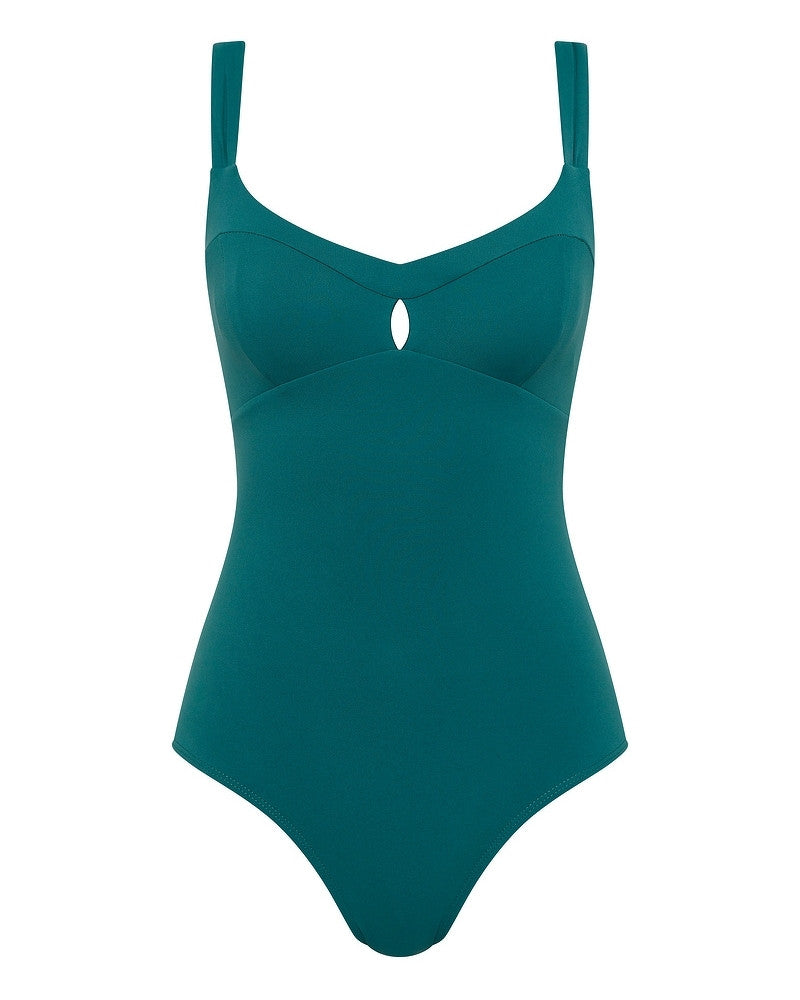 Teal one-piece swimsuit with wide shoulder straps, a sweetheart neckline, and a small teardrop cutout below the bust. The swimsuit has a smooth, fitted design and no visible patterns or embellishments.