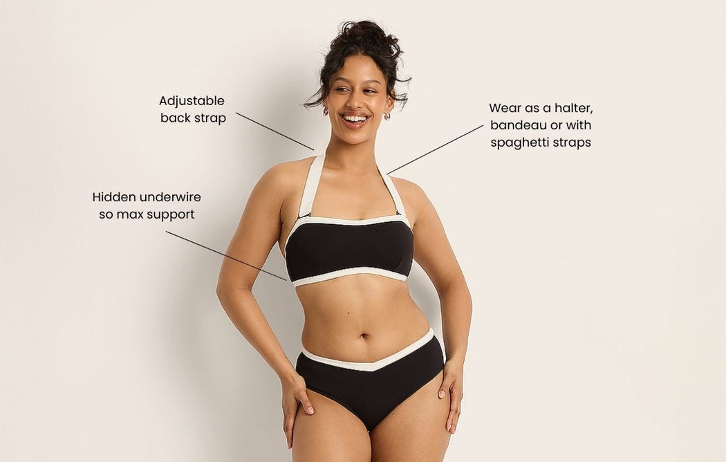 Smiling woman wears a black and white bikini with labels pointing to features: adjustable back strap, hidden underwire for support, and versatile top that can be worn as halter, bandeau, or with spaghetti straps.