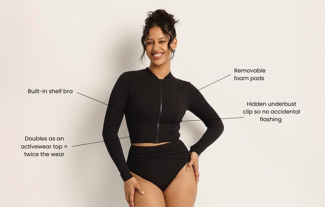 A woman wearing a black long-sleeve crop top and high-waisted bottoms smiles. Text points to features: built-in shelf bra, removable foam pads, hidden underbust clip, and doubles as an activewear top.
