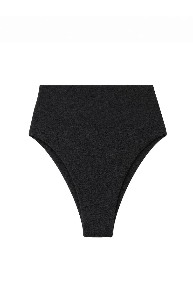 Black high-waisted bikini bottom on a white background
