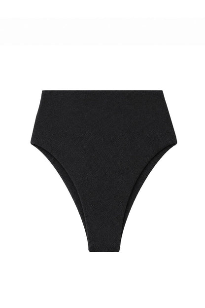 Black high-waisted bikini bottom on a white background