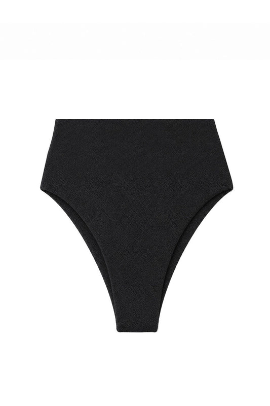 Black high-waisted bikini bottom on a white background