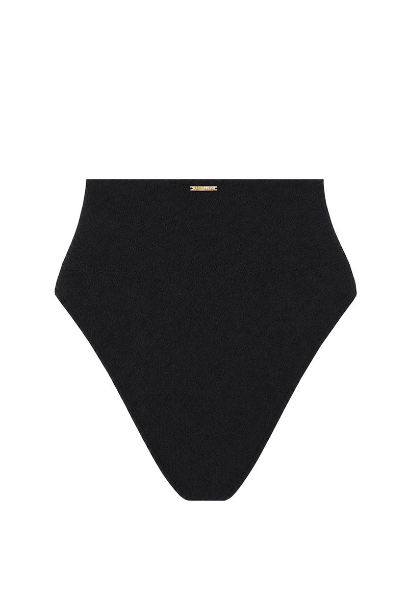 Black high-waisted bikini bottom on a white background