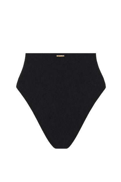 Black high-waisted bikini bottom on a white background