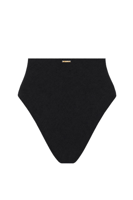 Black high-waisted bikini bottom on a white background