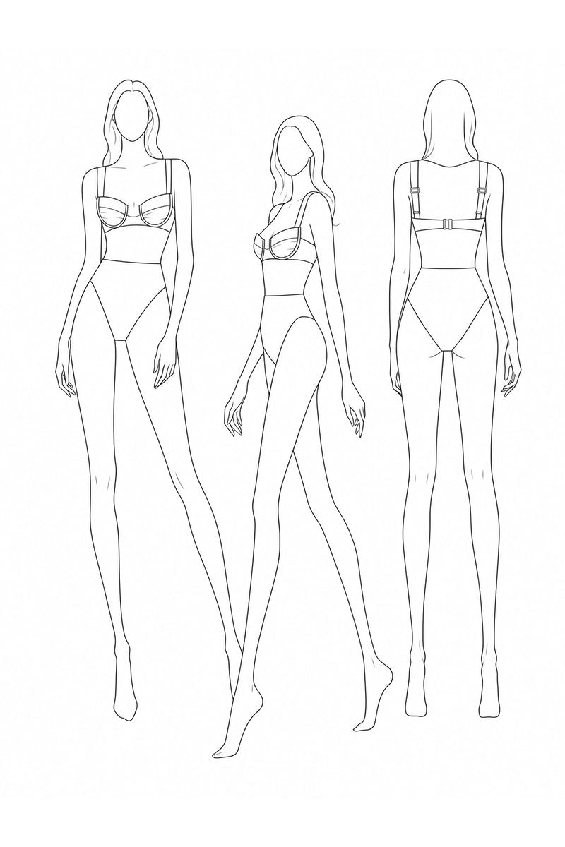 Line art of a woman wearing a bra and panties from multiple angles on a white background.