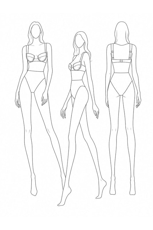 Line art of a woman wearing a bra and panties from multiple angles on a white background.
