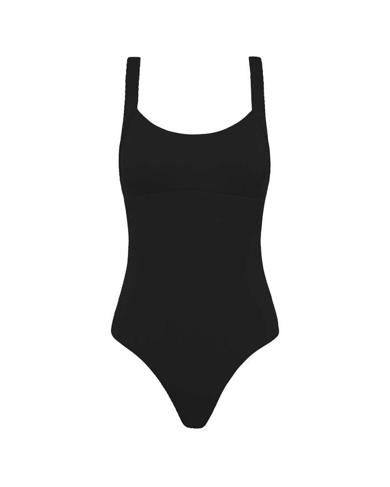 Black one-piece swimsuit on a white background
