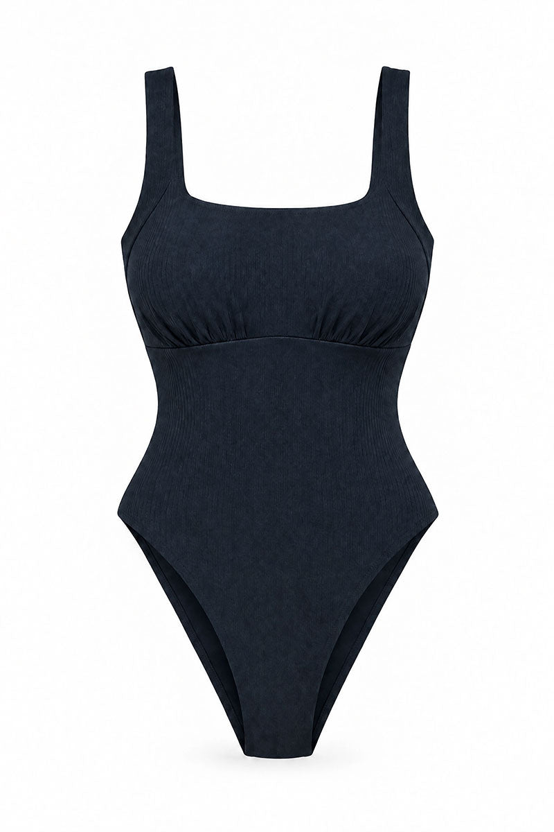 A dark navy blue one-piece swimsuit with a square neckline and wide shoulder straps, shown against a plain white background.