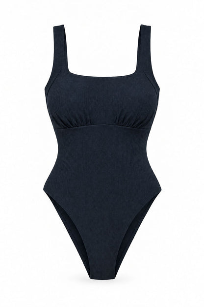 A dark navy blue one-piece swimsuit with a square neckline and wide shoulder straps, shown against a plain white background.