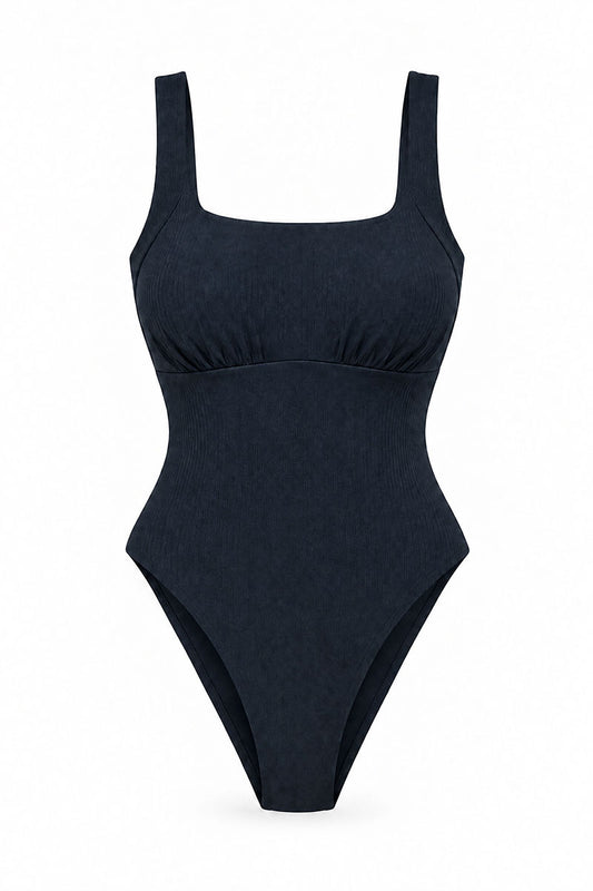 A dark navy blue one-piece swimsuit with a square neckline and wide shoulder straps, shown against a plain white background.