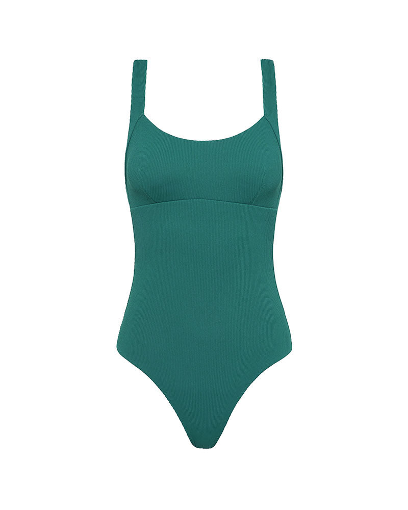 Green one-piece swimsuit on a white background