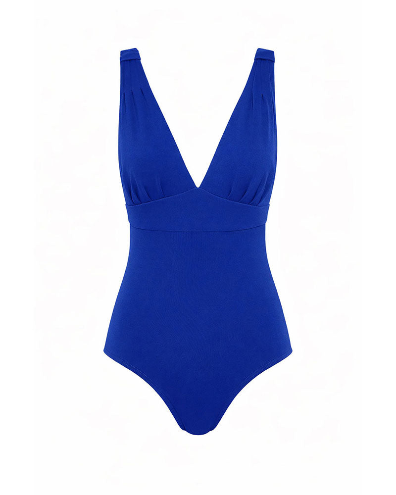 Royal blue one-piece swimsuit for women's bust support and coverage.