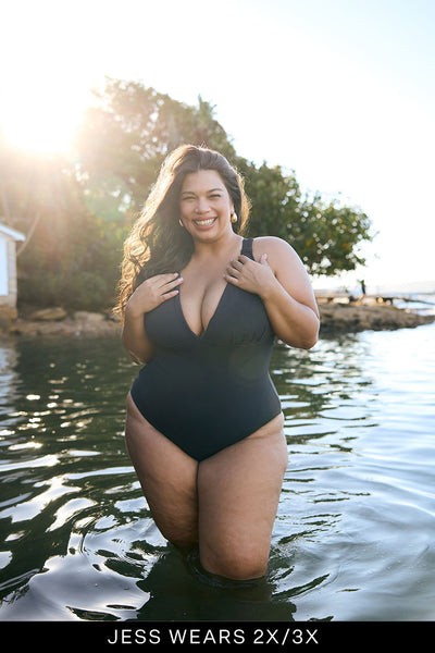 Full-length view of Fearless au All Day One Piece in Matte Black - one-piece swimsuit with supportive underwire bust and adjustable straps