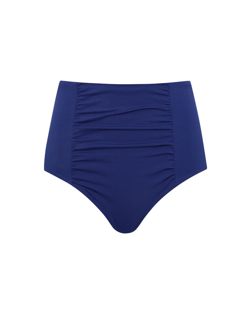 Blue high-waisted bikini bottom on a white background