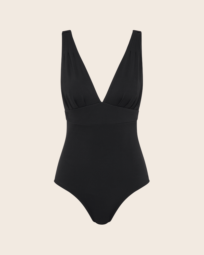 Bigger bust supportive black one piece swimsuit with plunging neckline.