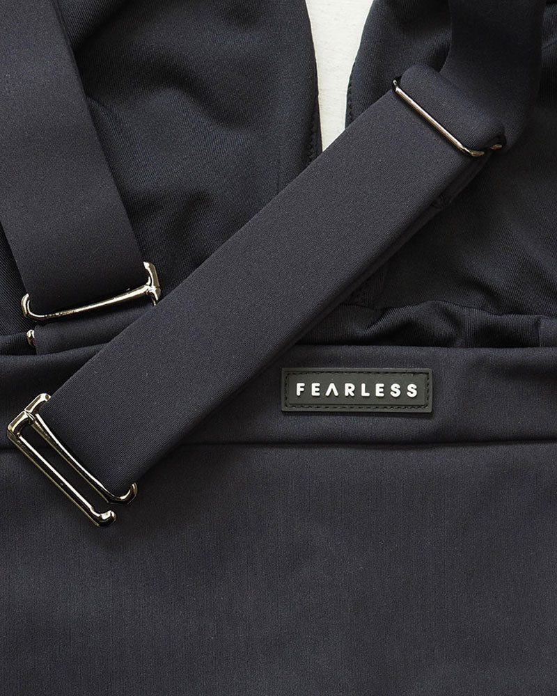 Fearless premium luxe smooth fabric in black. Gunmetal hardware and Fearless Logo. Fearless swimwear is designed to withstand ocean swims, pool laps and long summer days - not stretch out after a handful of wears.