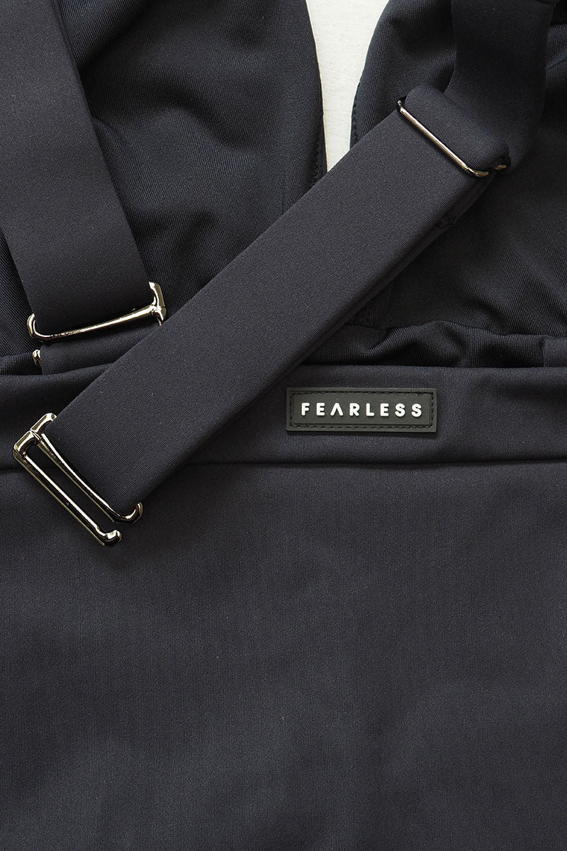 Fearless premium luxe smooth fabric in black. Gunmetal hardware and Fearless Logo. Fearless swimwear is designed to withstand ocean swims, pool laps and long summer days - not stretch out after a handful of wears.
