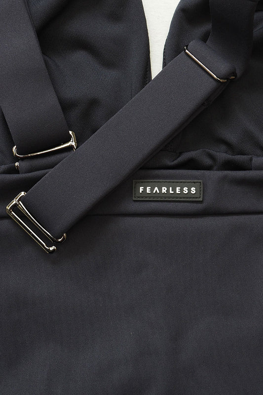 Fearless premium luxe smooth fabric in black. Gunmetal hardware and Fearless Logo. Fearless swimwear is designed to withstand ocean swims, pool laps and long summer days - not stretch out after a handful of wears.