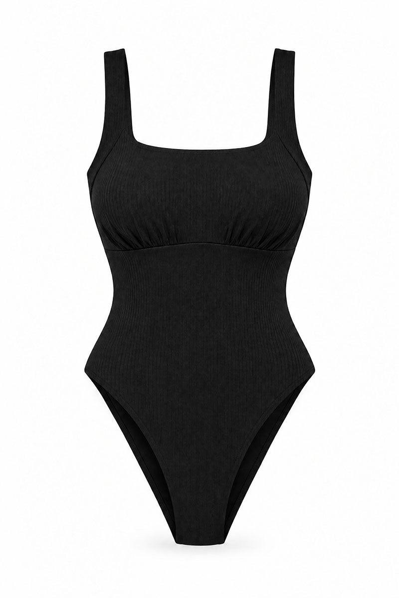 A black ribbed one-piece swimsuit with a square neckline and wide shoulder straps, shown against a plain white background.