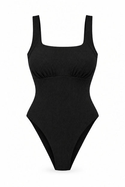 A black ribbed one-piece swimsuit with a square neckline and wide shoulder straps, shown against a plain white background.