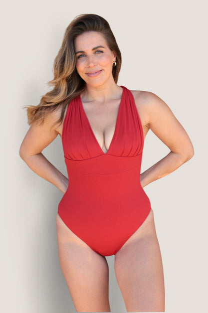 Front view of the Fearless au All Day One Piece in Red, a supportive one-piece swimsuit with supportive underwire bust and adjustable straps
