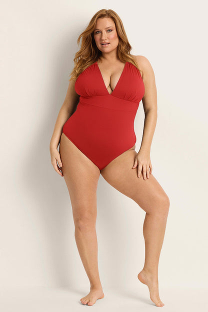 Model wearing the Fearless au All Day One Piece in Red - one-piece swimsuit with supportive underwire bust